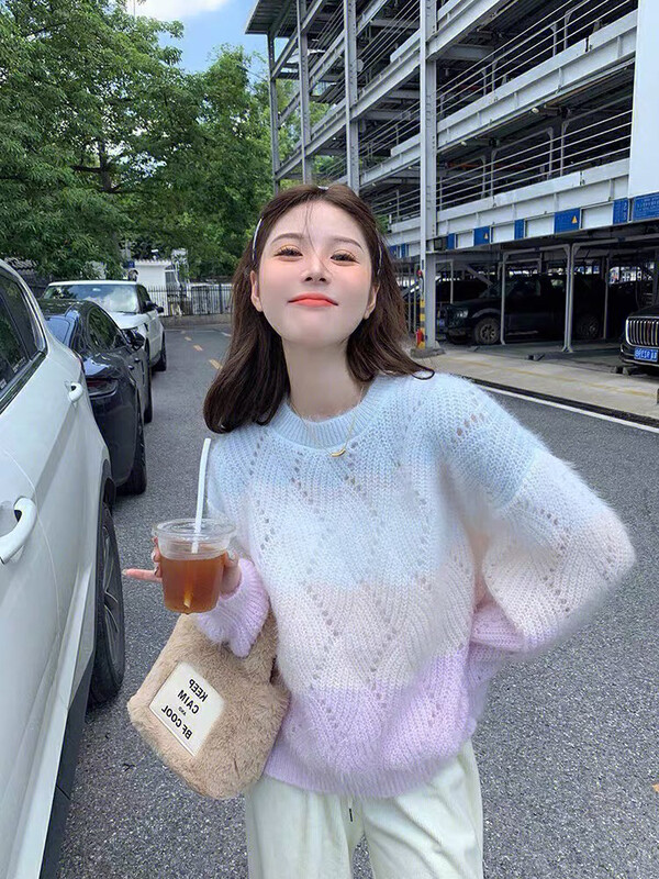 [Blue Show] Korean version of the rainbow striped hollow knitted sweater 7802# LSW