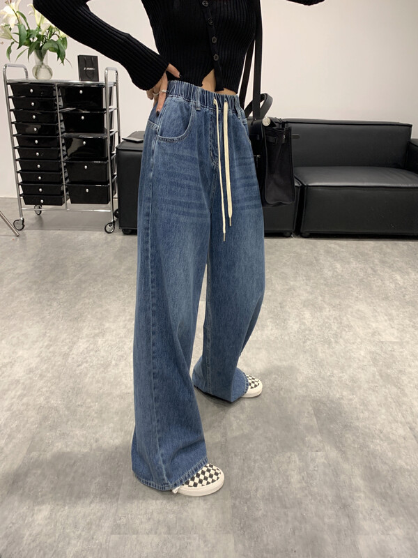 【VANESSA】 Drawstring Elastic Waist Big Brand Straight Jeans 6991# OZQ