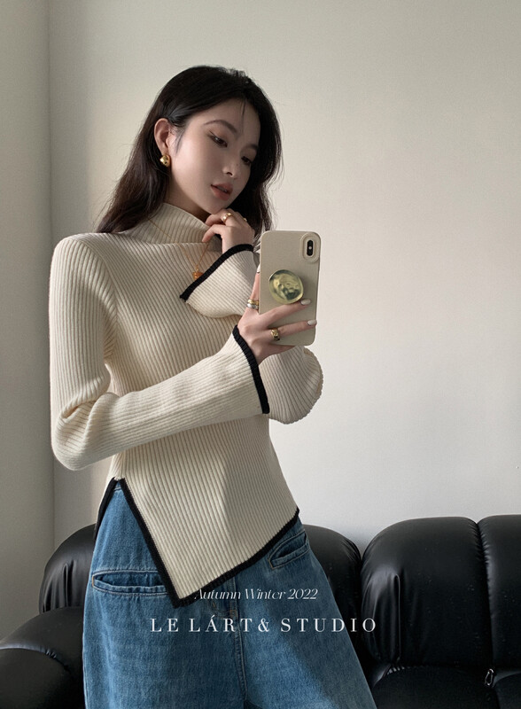【LE LART】Original high-end fashionable color matching half turtleneck irregular hem bottoming sweater warm sweater XZ0452022# JHY