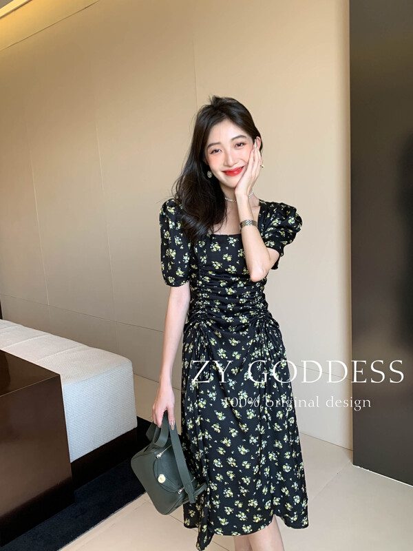 [ZY] Square neck pleated high waist floral dress 68691# JHY