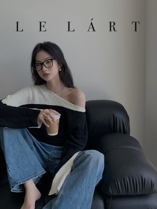 【LE LART】French designer style colorblock off-shoulder colorblock pullover sweater XZ353