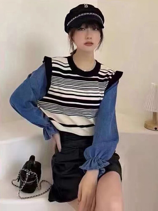 [F·P] Denim sleeve stitching 2022 autumn new color matching Korean version loose sweater 86083# HBX