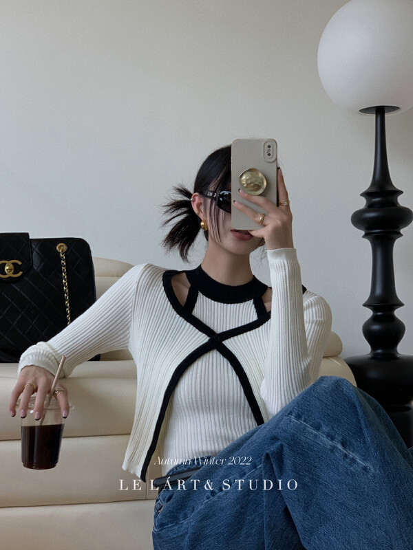 【LE LART】French pure desire style black and white color matching two-piece vest cardigan sweater suit XL244# JHY