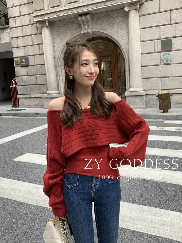 [ZY] Pure Desire Wool Short Sweater Irregular Vest Two-piece Two-Wear Sweater Set S91