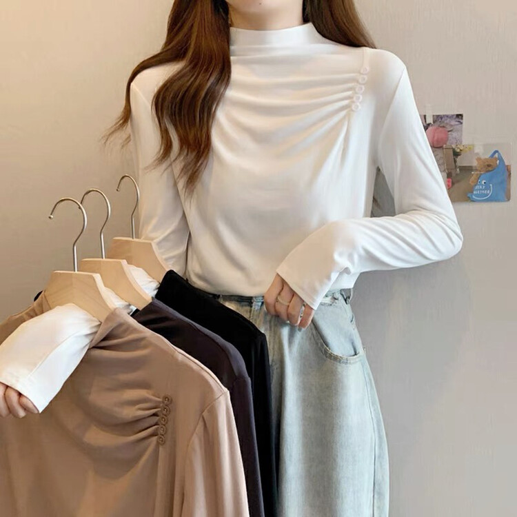 [Blue Show] Double-sided fleece design pleated button half turtleneck bottoming shirt 01120# LSW