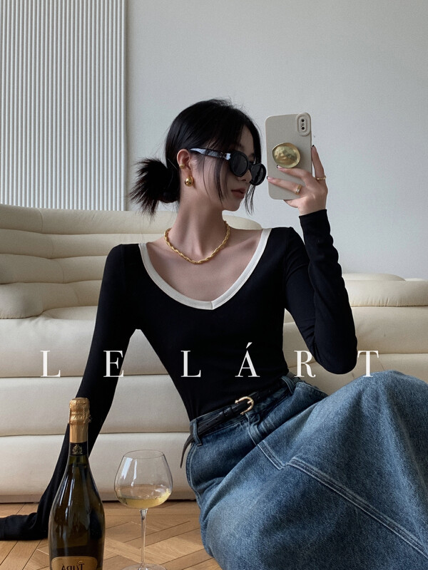 【LE LART】French designer style color matching large v-neck ribbed bottoming shirt T-shirt bottoming shirt LL3277# JHY