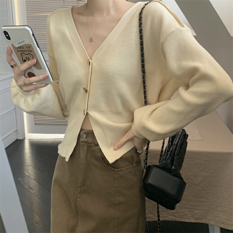 【F·P】Puff Sleeve Retro Long Sleeve V-Neck Knit Cardigan F816-1# HBX