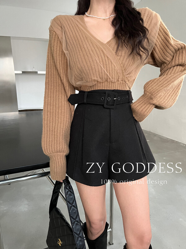 [ZY] Autumn and winter haute couture woolen high-waisted slim A-line shorts casual shorts (with belt) 28158