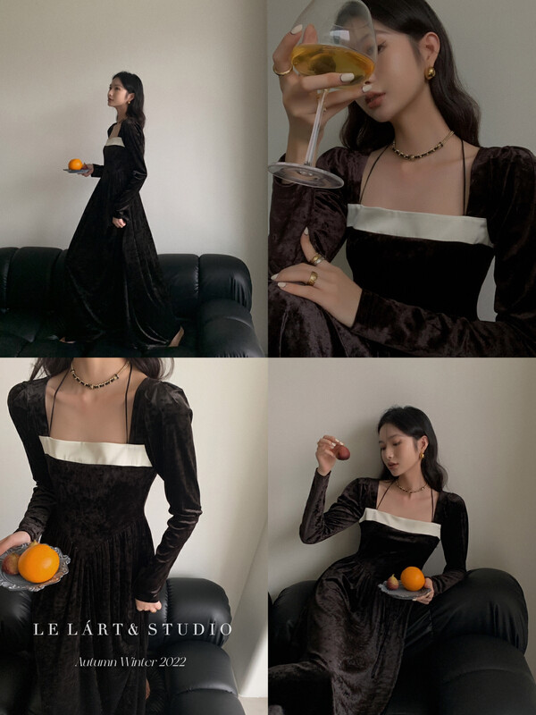【LE LART】French Hepburn color-blocked halterneck puff sleeve velvet trousers dress LL3258