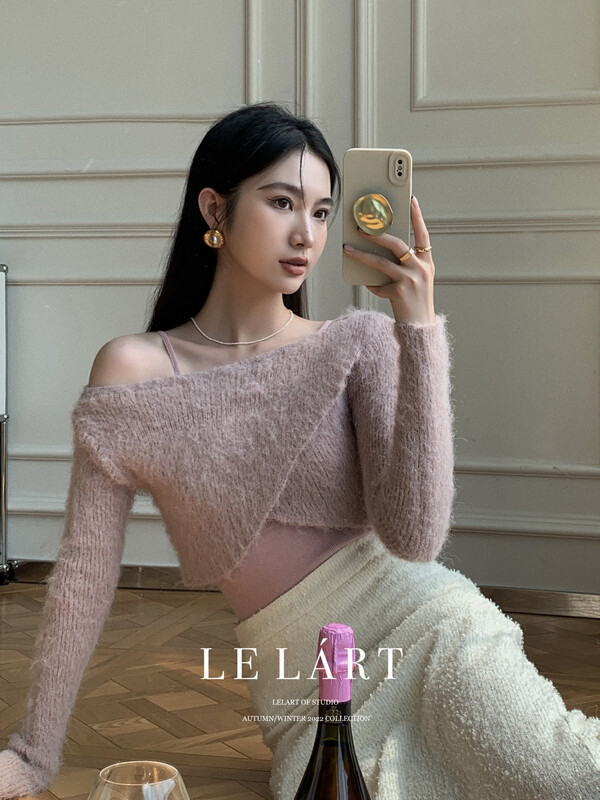 【LE LART】French pure desire style one word neck off-shoulder short mohair sweater warm sweater XL249# JHY