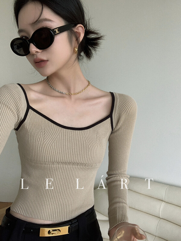 【LE LART】Color-blocking large neckline ribbed slim knitted sweater YS1-XL228# JHY