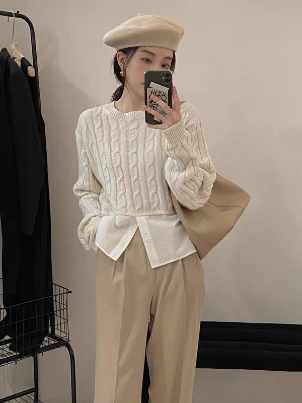 New for winter!  [Blue Show] Simple fake two-piece shirt stitching knitted sweater 7822# LSW