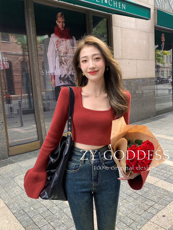 [ZY] Pure Desire Short Square Neck Flared Sleeves Back Tie Design Knitted Sweater (Contains 26 Wool Components) H965