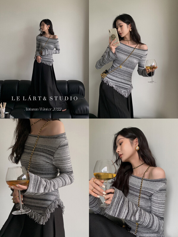 [LE LART] French design gradient tassel one-word neck off-the-shoulder flared sleeve pullover sweater XL275