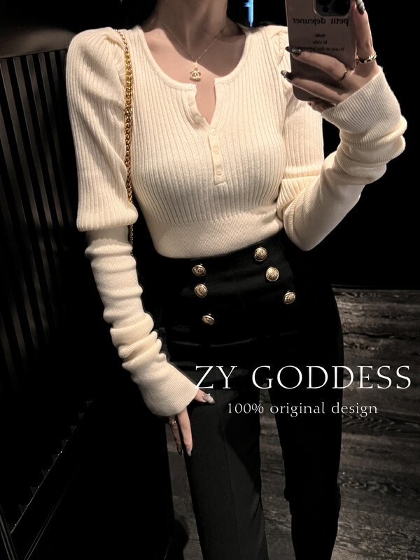[ZY] French Puff Sleeves Slim Fit and Thin Hot Girl Leaky Back Tie Bow Knit Sweater (65 Merino Wool) H969