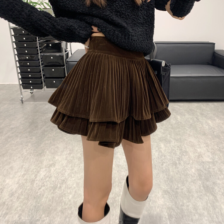 【VANESSA】Solid Color High Waist Puffy Velvet Skirt 8002# OZQ
