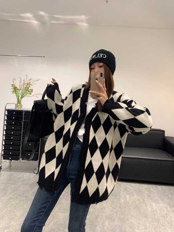 【VANESSA】Rhombus Loose Breasted Warm Sweater 8078# OZQ