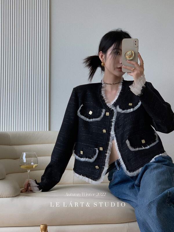 【LE LART】French style small fragrant style patchwork tweed coat with raw edge and gold button tweed coat LL5607# JHY