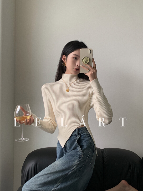【LE LART】French designer style half turtleneck slanted hem pullover sweater knitted sweater XZ352
