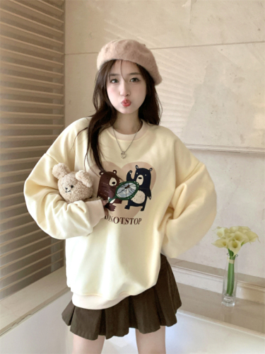 310 grams of imitation cotton interwoven fabric can not play the winter thickened fleece sweater women's round neck printing back bag