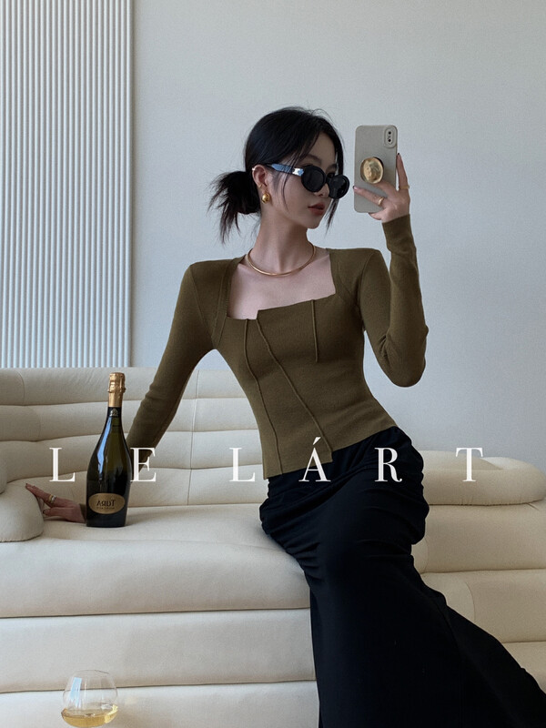 【LE LART】French pure desire style square neck knitted sweater TH089# JHY