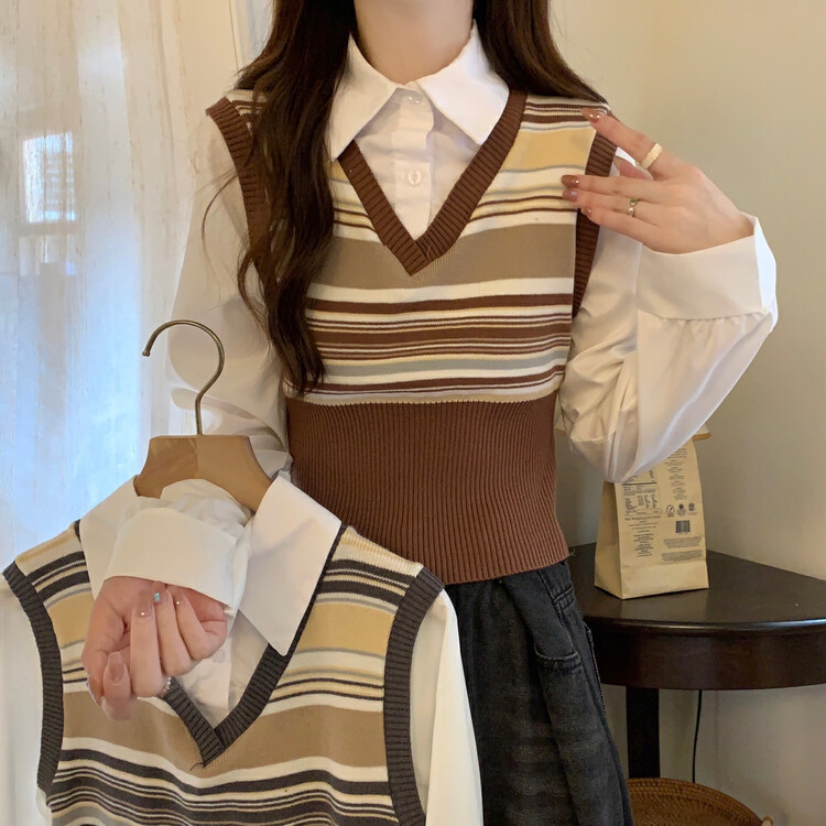 【F·P】 Korean version of polo collar stitching striped fake two-piece long-sleeved knitted sweater 01030# HBX