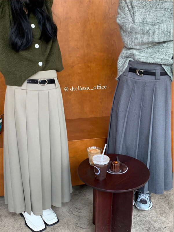 【DT CLASSIC】Fashionable mid-length solid color college pleated long skirt (without belt) D5252-F1# JHY