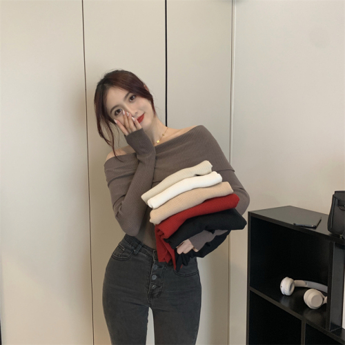 Real shooting real price Autumn new sexy one-shoulder design all-match solid color knitted top women