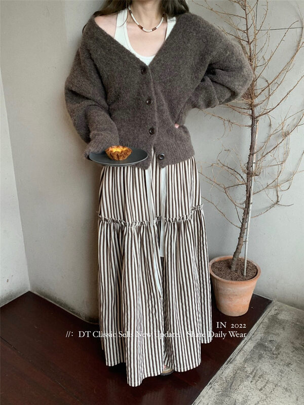 【DT CLASSIC】Fashionable all-match cake striped drawstring skirt D5120-N1# JHY