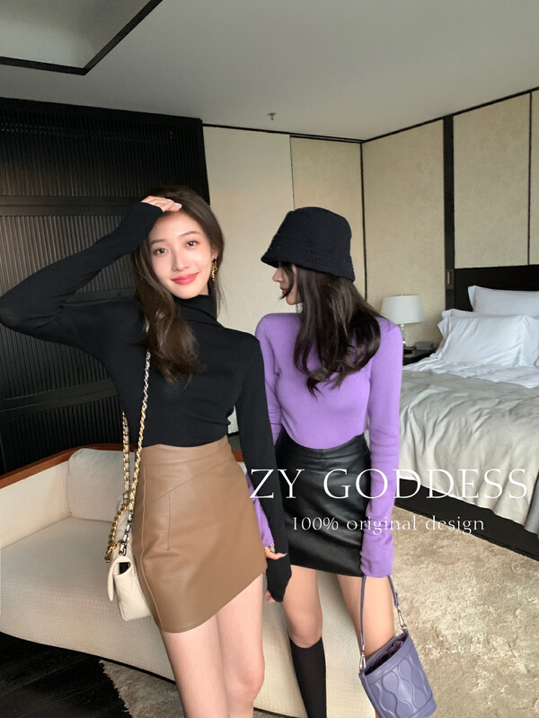 [ZY] Korean double-waist design with high waist and thin A-line leather skirt (high protein thickening) 28132