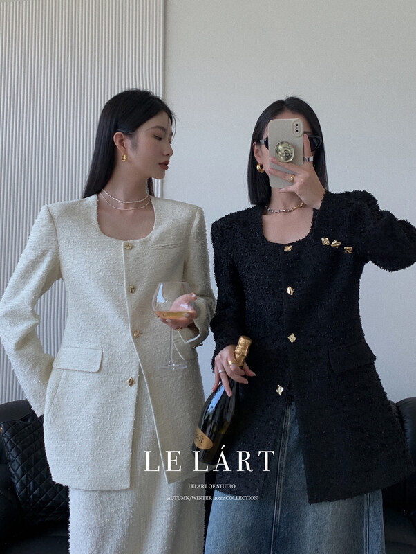 【LE LART】French style small fragrant style big gold button tweed square collar jacket suit LL3137# JHY