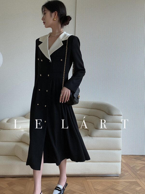 【LE LART】French style small fragrance black and white color matching color matching suit double breasted dress LL3111# JHY