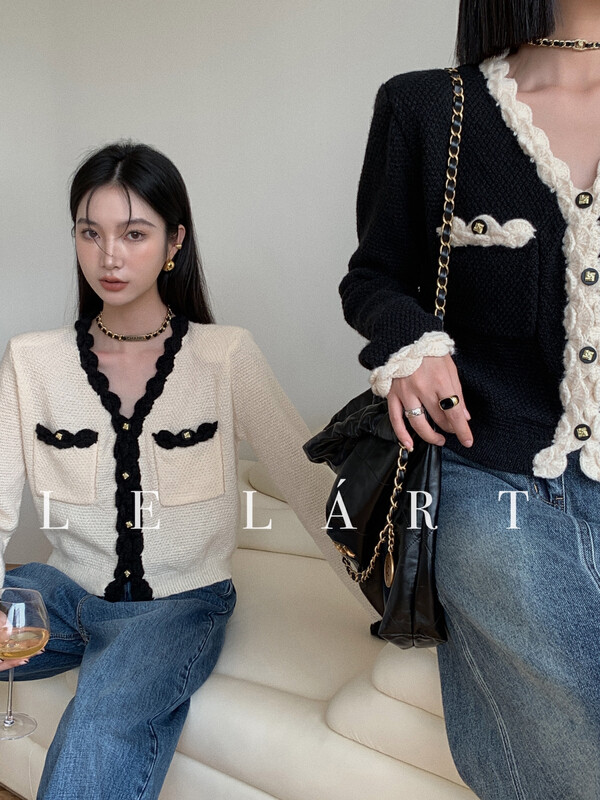 【LE LART】French Small Fragrance Colorblock Gold Button Cardigan Sweater Knit Cardigan XZ323# JHY