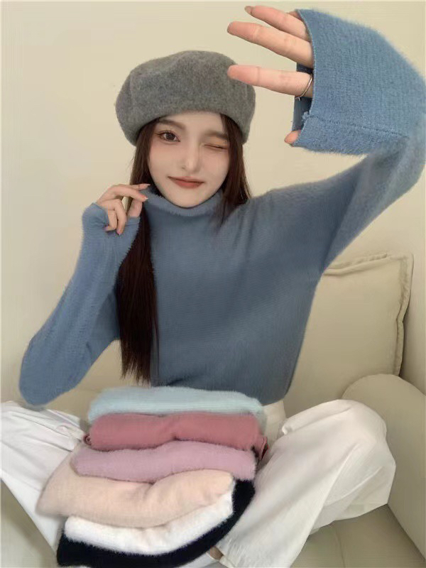 【F·P】Pile Collar Mink Fleece Solid Color Knit Sweater YK292# HBX