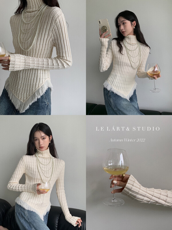 【LE LART】French style pure desire tassel half turtleneck sweater bottoming sweater TH111