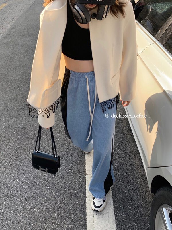 New in autumn!【DT CLASSIC】Contrast color wide leg elastic waist jeans D5214# JHY