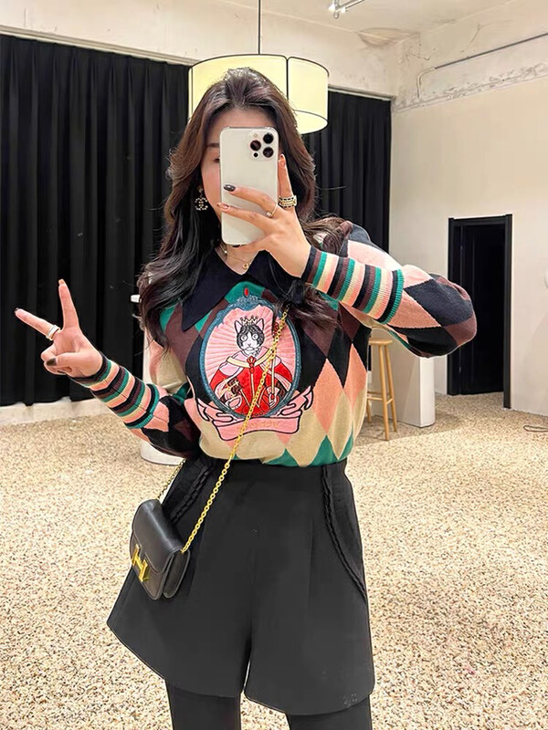 [Blue Show] King cat embroidered retro diamond knitted sweater 7849# LSW