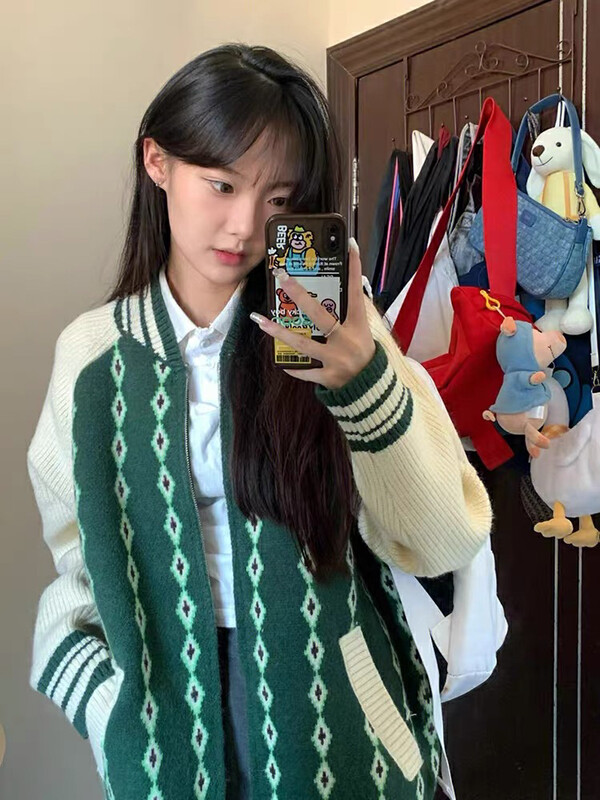 [Blue Show] Japanese retro diamond knitted cardigan 7850# LSW