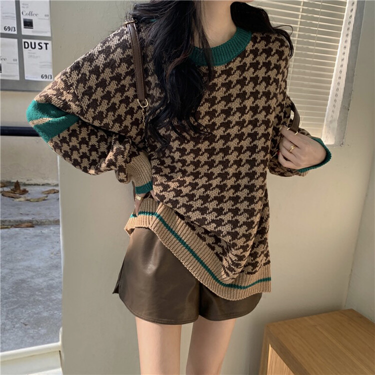 【F·P】Western Style Loose Houndstooth Pullover Warm Sweater XL040FP# HBX