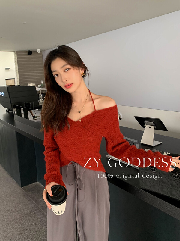 [ZY] Milk Huhu Twist V-neck halter neck wool sweater knitted sweater (soft waxy 35 wool) M51