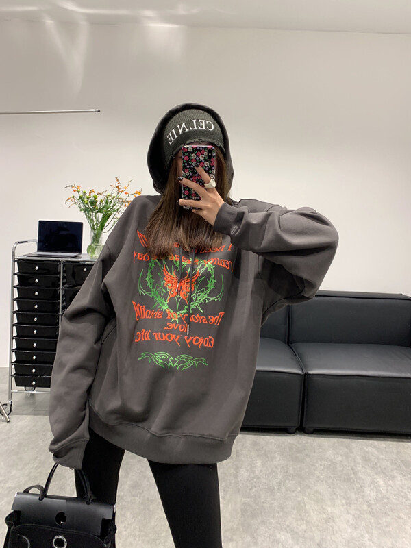 New in autumn! [VANESSA] Three-dimensional printed letter mid-length hooded sweater WY628# OZQ