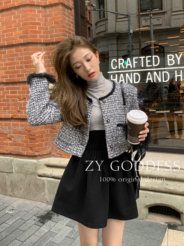 [ZY] High-quality woolen contrasting color design tassel cuff short coat (40 wool tweed) 18238