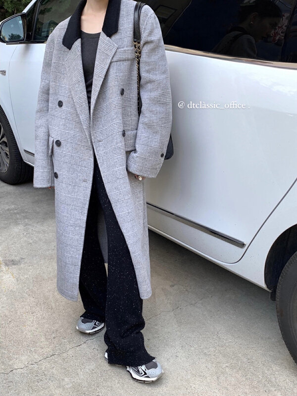 Autumn is new!【DT CLASSIC】Retro double-breasted contrast collar plaid long double-sided woolen coat S5101# JHY