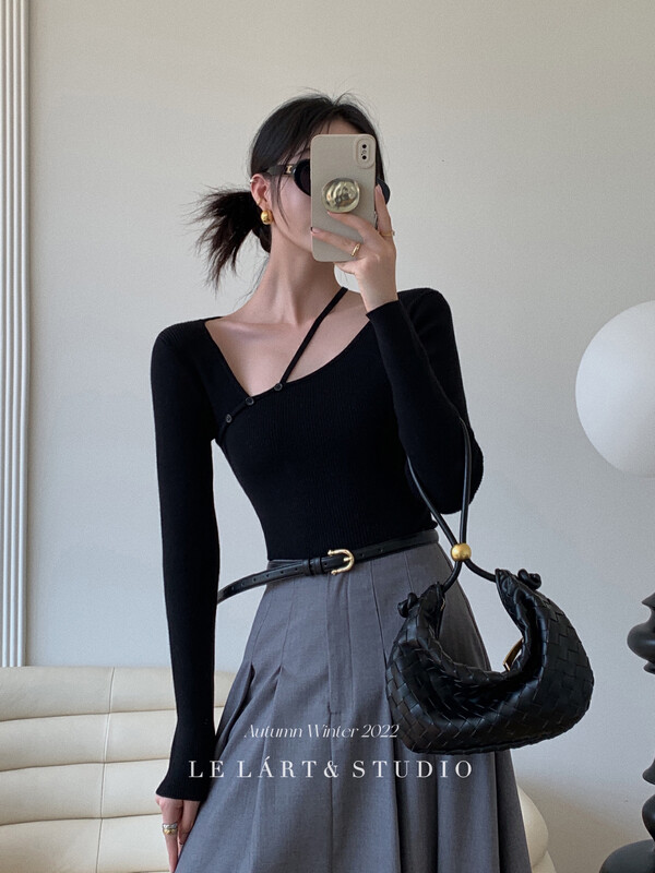 【LE LART】French designer style collarbone slim fit knitted sweater TH094# JHY