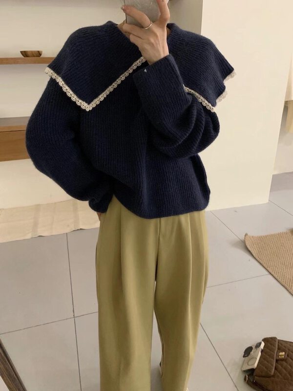 New in autumn!【SUSAN】Large lapel lace contrast color warm sweater 81863# LSW