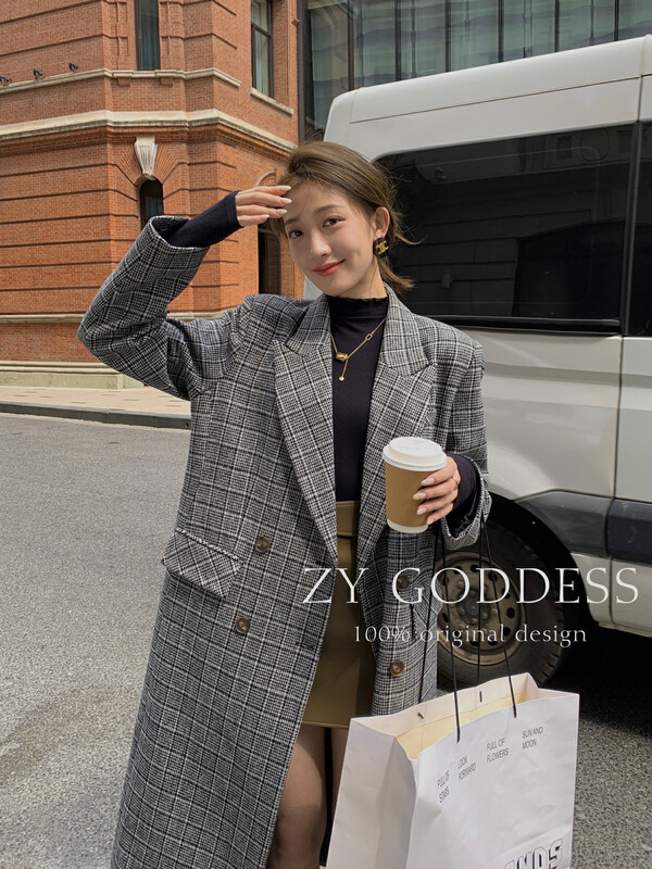 [ZY] Retro Korean plaid warm wool long coat wool coat 18287# JHY