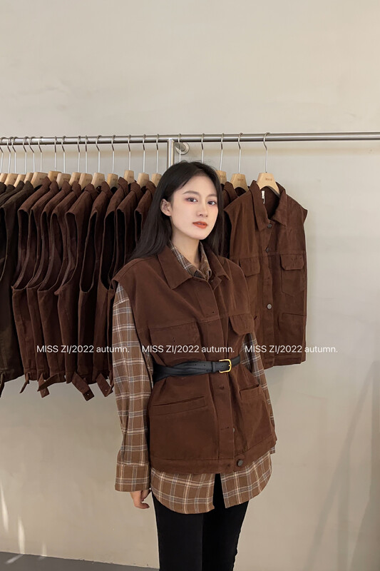 【MISS ZI】Korean temperament casual solid color coffee color brushed belt vest (with belt) 3316# CQW