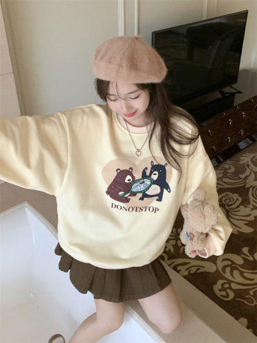 310 grams of imitation cotton interwoven fabric can not play the winter thickened fleece sweater women's round neck printing back bag