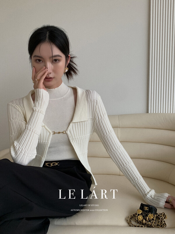 【LE LART】French Metallic Decorative Half Turtleneck Cardigan Two Piece Knit Sweater Suit XL256# JHY