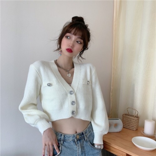 Short long-sleeved knitted sweater top women's  autumn new V-neck single-breasted cardigan solid color sweater coat